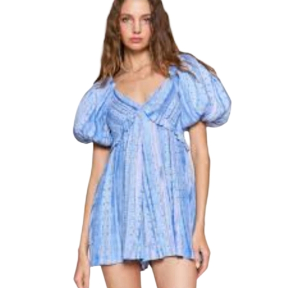 NWT - Shop Neighbor MD Blue Boho Puffy Sleeve Mini Romper - Picture 1 of 8